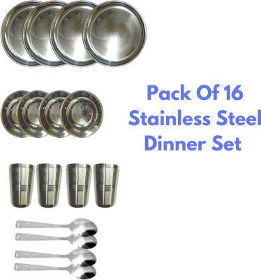 SHINI LIFESTYLE Pack of 16 Stainless Steel SHINI LIFESTYLE Steel Dinner set Tableware Dining Plates Bowl Cutlery glass 16pc Dinner Set(Silver)
