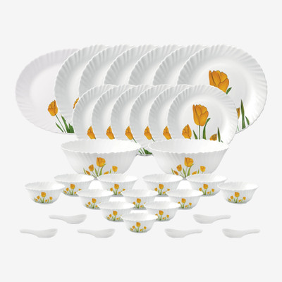LAOPALA Pack of 33 Opalware Tulip Passion Dinner Set(White, Yellow, Green, Microwave Safe)