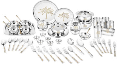 Classic Essentials Pack of 71 Stainless Steel Dinner Set|Serves 6 People|Heavy Gauge|Kitchen Set|Permanent Laser-Vriksha Dinner Set(Silver)