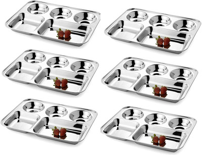 NARV Stainless Steel Plate with Compartment/Bhojan Thali/Partition Plate for Lunch K1 Sectioned Plate(Pack of 6, Microwave Safe)