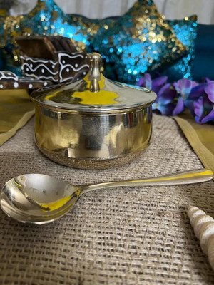 RamMetals Bronze Brass Globe Kansa Handi with Glossy Finish Traditional Pure Bronze Serving Bowl Dinner Set(Gold)