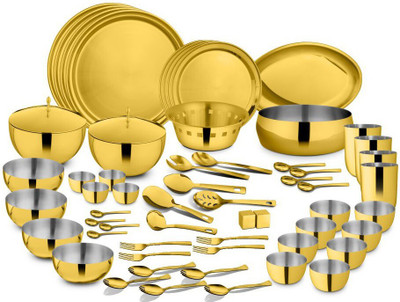 Shri & Sam Pack of 60 Stainless Steel Majestic Dinner Set PVD Gold Dinner Set(Gold)