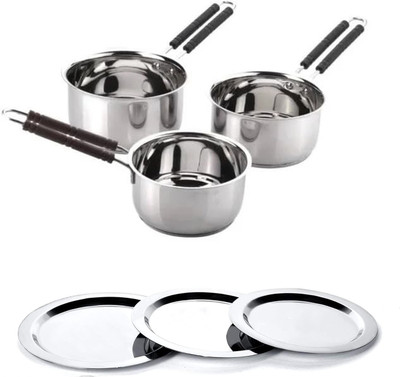 NARV Stainless Steel Sauce Pan Milk Boiler Cookware with Handle Lid 2, 1.5 &1 L K0 Cookware Set(Stainless Steel, 6 - Piece)