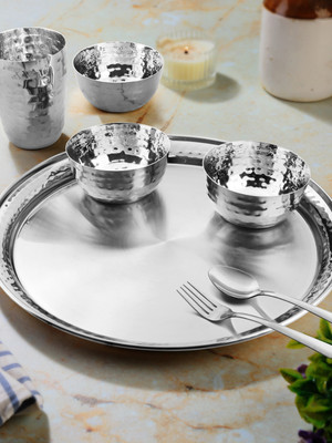 Classic Essentials Pack of 7 Stainless Steel High Grade Hammered Dinner Set | Serve for 1 Dinner Set(Silver)