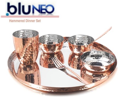 BluNeo Pack of 7 Copper, Stainless Steel Copper Rajwadi designer Heavy Royal Hammered Finish insulated Stainless Steel Dinner Set(Silver, Gold)