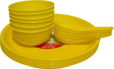 x pods Pack of 18 Plastic Dinner Plates, 12-inch Round Serving Plates/Bowl Spoon set for Salad, Snacks Dinner Set(Yellow, Microwave Safe)