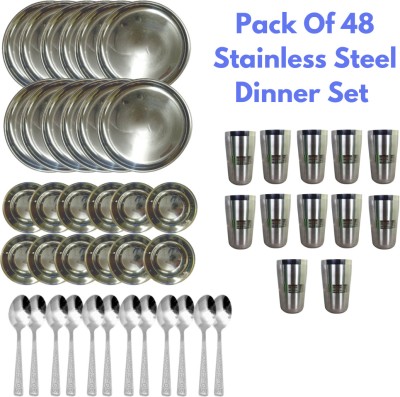 SHINI LIFESTYLE Pack of 48 Stainless Steel Steel Dinner set Tableware Dining Plates Bowls Cutlery glass 48pc Dinner Set(Silver)