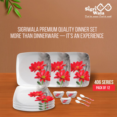 Sigri-wala Pack of 12 Melamin Dinner Set(Red, White)