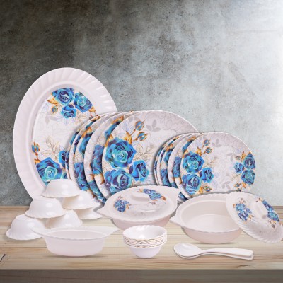 Home-pro Pack of 32 Melamin Royal Lehar, Stain Resistant, Beautiful Blue Flower Design Crockery Dinnerware Dinner Set(Multicolor)