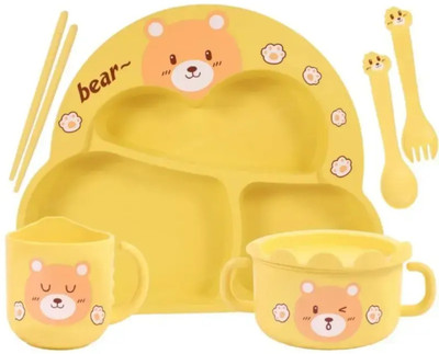 VKW Bamboo Adorable Bear Design Baby Feeding Set (YELLOW) Dinner Set(Yellow)