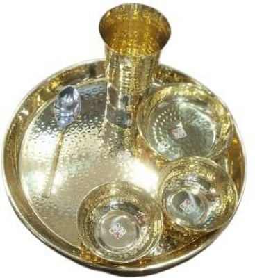 Parik Enterprises Pack of 6 Brass Thali Set of 1 Plate, 1 Glass, 1 Spoon, 1 Small Plate & 2 Bowls Dinner Set(Gold, Microwave Safe)