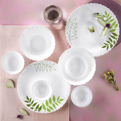 Larah by Borosil Pack of 17 Opalware Galaxy Series Lush Dinnerset for Family of 4, Crockery Set for Dining & Gifting Dinner Set(White, Green, Microwave Safe)