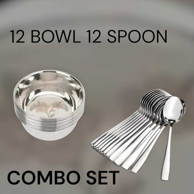 Nanak Stainless Steel 12 Bowls & 12 Spoons Combo Set | Durable, Rust-Resistant Dinner Set(Microwave Safe)