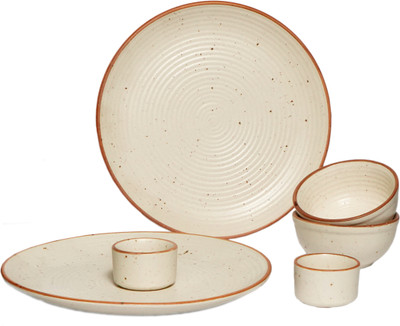 Yourowndcor Pack of 6 Ceramic Dinner Set Including Stoneware (2 Dinner Plates And 2 Bowl And 2 Dip Bowl Dinner Set(White, Microwave Safe)
