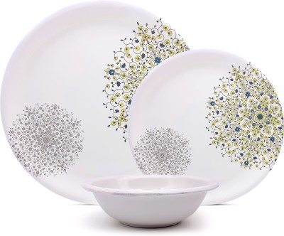 Litware Pack of 18 Melamin Melamine Floral Printed (6 Full Plate ||6 Bowl || 6 Half Plate) Dinner Set(White, Green)