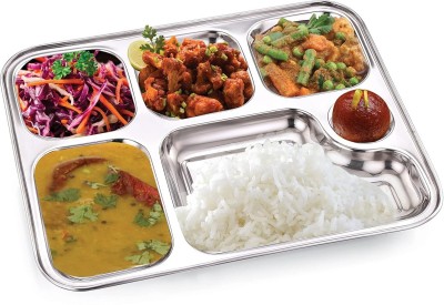 Houston Pack of 5 Stainless Steel Heavy Steel Rectangle Dinner Plate/Bhojan Thali w/ 6 Sections Divided Dinner Set(White)