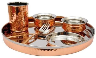 Krown Pack of 7 Stainless Steel, Copper Traditional Hammered Copper Steel Handi Dinner/Thali Set Dinner Set(Silver, Brown)