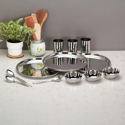 FinoFox Pack of 12 Stainless Steel Dinner Set | Plates, Glasses, Bowls & Spoons | Durable Rustproof & Easy to Clean Dinner Set(Silver)