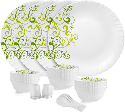 cello Pack of 22 Opalware Dazzle Opalware Oleander Dinner Set | Crockery Set | Green Dinner Set(Green, Microwave Safe)