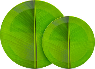 Litware Pack of 12 Melamin Banana Leaf Printed Lunch Plate Melamine ( 6 Full Plate || 6 Half Plate) Dinner Set(Green)