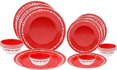 Cutting EDGE Pack of 16 Plastic Double Color Dinner Set of 16 with Big Plates,Small Plates,Big Bowls,Small Bowls Dinner Set(Red, Microwave Safe)