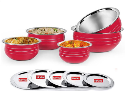 Nirvika Pack of 5 Stainless Steel handi set with lid powder Coating red piece of 5 Cookware Dinner Set(Red, Microwave Safe)
