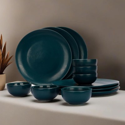 Ekhasa Pack of 12 Ceramic Crockery (6 full plates, 6 vegetable bowls) Dinner Set(Green, Microwave Safe)