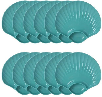 NAYOPI Pack of 12 Plastic Eco-Friendly Wheat Straw Plates Set Shell-Shaped Snack Plate with Dip Section Dinner Set(Green, Microwave Safe)