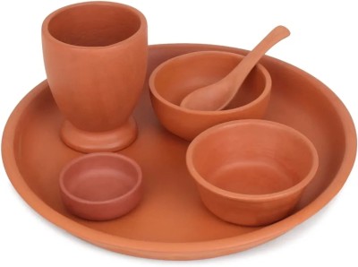 Tarun smart jwelery Pack of 6 Earthenware Clay Dinner Set Traditional Thali Spoon Glass Serving and pickle Bowl Dining Set Dinner Set(Brown, Microwave Safe)