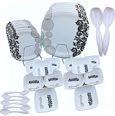 Perfectdine Pack of 32 Melamin Dinner set pack of 32 pcs melamine dinner set 005 Dinner Set(White, Microwave Safe)