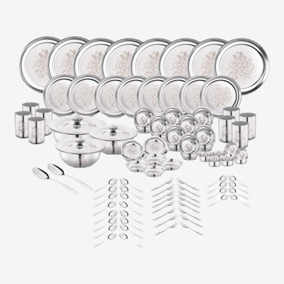 Classic Essentials Pack of 101 Stainless Steel Dinner Set|Serves 8 People|Heavy Gauge|Kitchen Set|Permanent Laser-Glory Dinner Set(Silver)