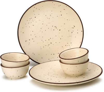 Bodhi House Pack of 6 Ceramic Handcrafted Stoneware 2 Dinner Plates and 4 Dinning Bowls/Katori Dinner Set(Beige, Microwave Safe)