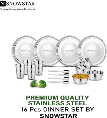 SNOWSTAR Pack of 16 Stainless Steel Classic Dinner Set For Kitchen, Silver Touch Design - Food Safe Quality Dinner Set(Silver)