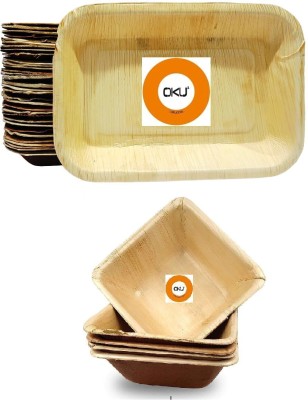 OKU Pack of 25 Wood PACK OF 50 Areca Leaf Disposable 25 Bowl 6X5 Inches + Square Bowl 4 Inch Dinner Set(Brown, Microwave Safe)