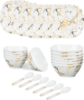 BATANIYA Pack of 24 Melamin Golden Marble Floral Triple Coating - 6 Full Plate, 12 Veg Bowl, 6 Tea Spoon Dinner Set(Multicolor)