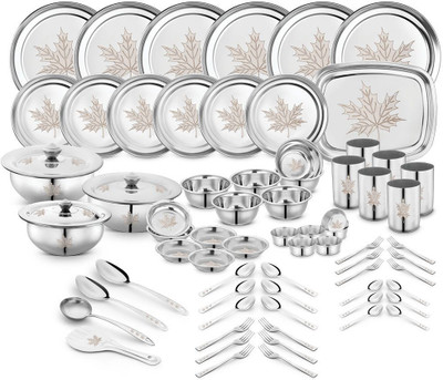 Classic Essentials Pack of 71 Stainless Steel Dinner Set|Serves 6 People|Heavy Gauge|Kitchen Set|Permanent Laser-Maple Dinner Set(Silver)