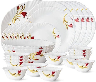 BOROSIL Pack of 27 Opalware Red Lily Opalware Dinner Set 27 Pieces White Dinner Set(White, Microwave Safe)