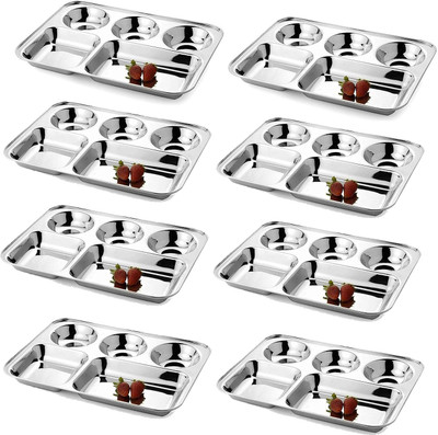 NARV Lunch Dinner Plate Thali | 5 Compartments Stainless Steel Divided Mess Dish K1 Sectioned Plate(Pack of 8, Microwave Safe)