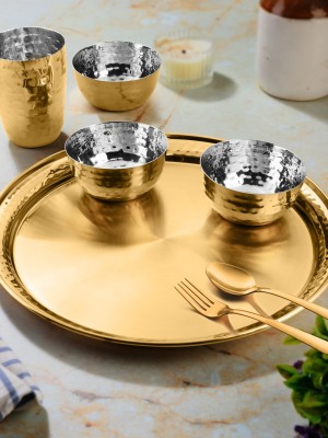 Classic Essentials Pack of 7 Stainless Steel High Grade Golden PVD Coating Hammered Dinner Set | Serve for 1 Dinner Set(Gold)