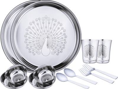 LIMETRO STEEL Pack of 12 Stainless Steel Laser Printed Peacock Design (Serves 2) Dinner Set(Silver)