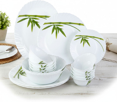 LAOPALA Pack of 27 Opalware Classique Fluted Green 33 Pcs Dinner Set(Green, White, Microwave Safe)