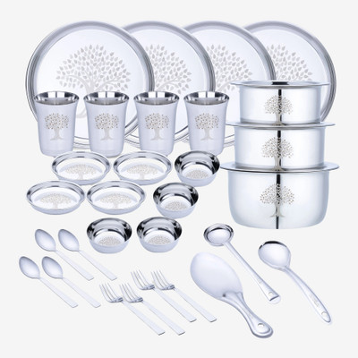 LIMETRO STEEL Pack of 33 Stainless Steel Laser Printed Serves 4 Dinner Set(Silver)