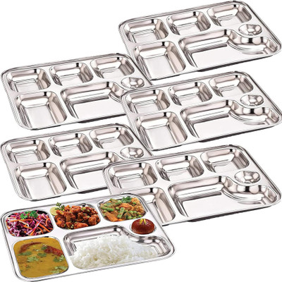 Masox Store Pack of 6 Stainless Steel Bhojan Thali 6 Sections Divided Mess Tray for Lunch, Events & Every Day Use K4 Dinner Set(Silver, Microwave Safe)