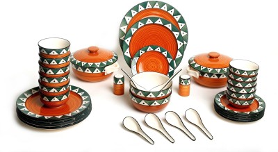 caffeine Pack of 37 Ceramic Handmade Royal Trible Print Dinner Set(Orange, Green, Microwave Safe)