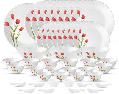 LAOPALA Pack of 46 Opalware Novo Radiant Curves 46 Pcs Dinner Set(White, Pink, Green, Microwave Safe)