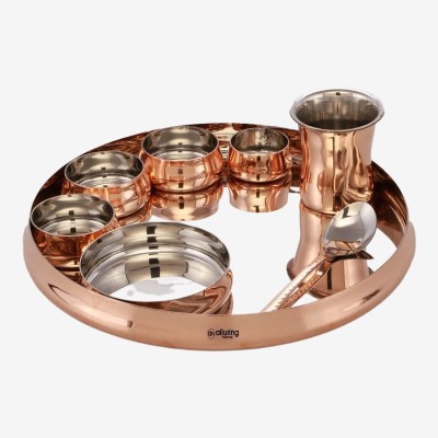 Alluring Homz Copper, Stainless Steel Pure Copper Steel Thali Set Dinnerware for Home Hotel & Restaurant (8 Piece) Dinner Set(Gold, Steel)