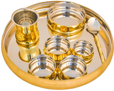 Heritage Mart Pack of 8 Brass, Stainless Steel Brass Steel 8 Pc Dinner Set | 33 cm Thali with Bowls, Glass & Spoon | Dinner Set(Gold)