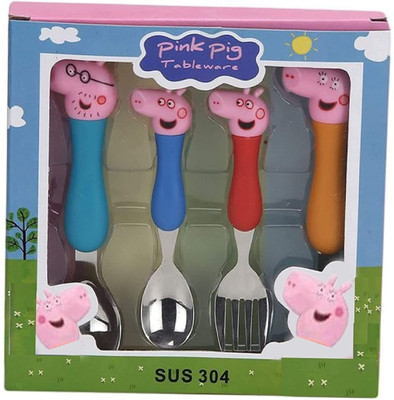Adinath Exports Pack of 4 Stainless Steel, Plastic PEPPA PIG shape SPOON SET FOR KIDS STAINLESS SPOON 4 PIECES 2 FORK 2 SPOON Dinner Set(Multicolor)