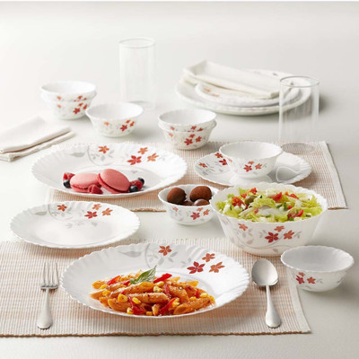 Larah by Borosil Pack of 13 Opalware ROSALIE Dinner Set(White, Red, Microwave Safe)