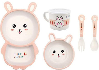 Endevi Pack of 5 Bamboo Kids Rabbit 5 Piece Set Bamboo Fiber Dinnerware Set Dinner Set(Multicolor)